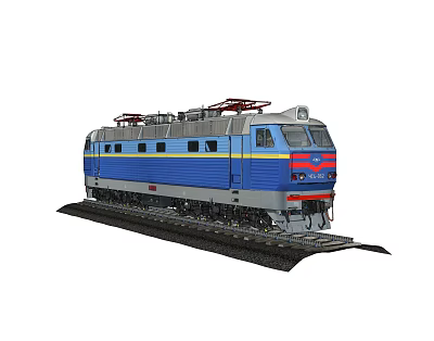 Blue Electric Locomotive Train With Yellow Stripes And Red Front On Tracks 3d model