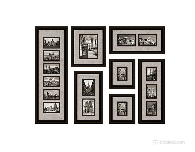 Black and White Cityscape Landscape Framed Prints Collage with Black Frames and Multiple Panels 3d model