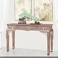 Chinese Style Wooden Console Table Interior With Carved Patterns And Potted Plant 3d model