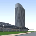 Modern Commercial Complex with Twin Towers Circular Plaza Green Landscaping and Water Feature