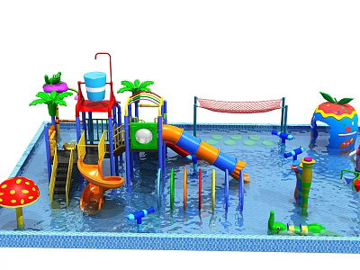 Colorful Water Playground Equipment With Slides Pool Mushroom Decor Palm Trees And Climbing Net 3d model