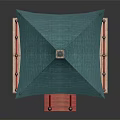 Cartoon Scenery Japanese Pavilion With Turquoise Roof Red Railings White Walls Hanging Lanterns And Steps