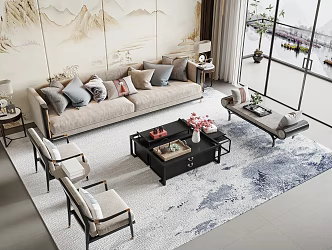 New Chinese Style Sofa Coffee Table Combination Background Wall Ornaments 3d model
