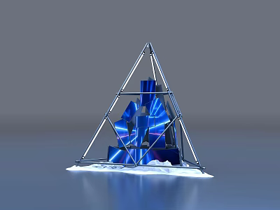 Abstract Pyramid Structure With Metal Frame And Blue Glowing Elements On White Reflective Base 3d model