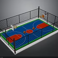 Enclosed Outdoor Basketball Court With Fenced Area Blue Red Surface And Hoops