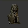 Antique Bronze Lion Sculpture In Sitting Posture With Decorative Plaque And Ornamental Base