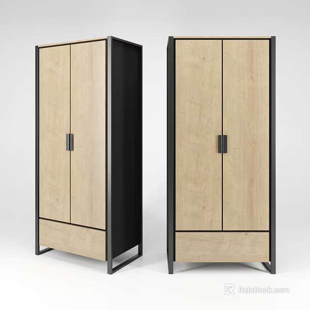Modern Wooden Wardrobe With Double Doors Black Frame And Bottom Drawer Handles 3d model 