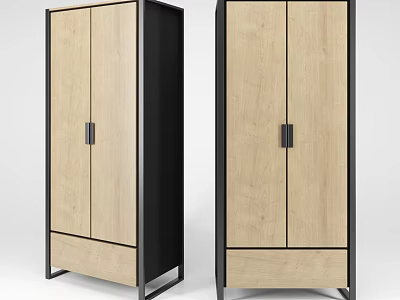Modern Wooden Wardrobe With Double Doors Black Frame And Bottom Drawer Handles 3d model