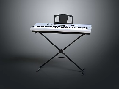 White Digital Electronic Keyboard with Black Music Stand on X Shaped Metal Stand 3d model
