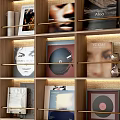 Wooden Bookshelf with Books Vinyl Records and Decorative Prints on Stylish Shelves