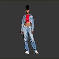 Woman Wearing Red Top Blue Denim Jacket Blue Jeans And Black Bun Hairstyle