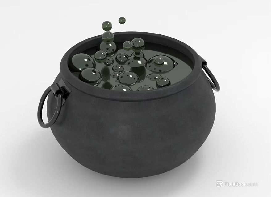 Black Cooking Cauldron For Home Kitchen With Bubbling Liquid And Rising Bubbles 3d model 