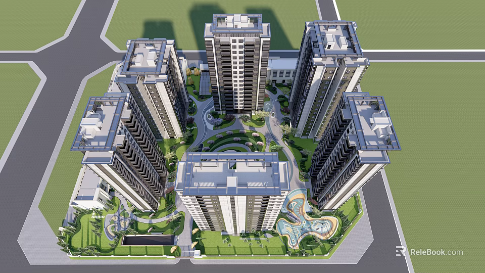 High Rise Residential Buildings With Circular Layout Green Area And Water Pool 3d model 
