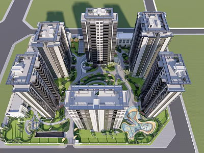 High Rise Residential Buildings With Circular Layout Green Area And Water Pool 3d model