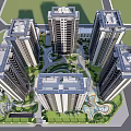 High Rise Residential Buildings With Circular Layout Green Area And Water Pool