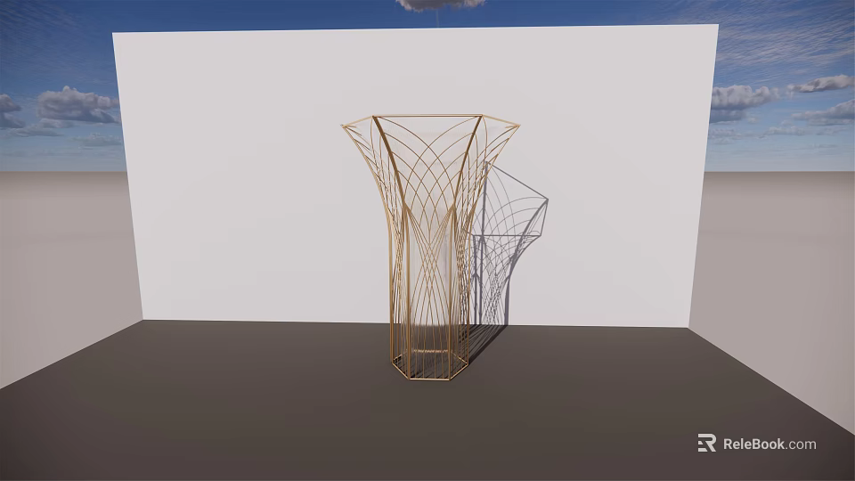 Modern Golden Wire Mesh Vase Shaped Sculpture in Minimalist Indoor Setting 3d model 