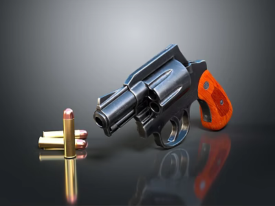 Black Body Revolver With Wooden Grip And Bullets On Reflective Surface 3d model