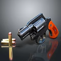 Black Body Revolver With Wooden Grip And Bullets On Reflective Surface