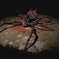Large Black Reptile With Red Spots On Mossy Stone Surrounded By Red Liquid