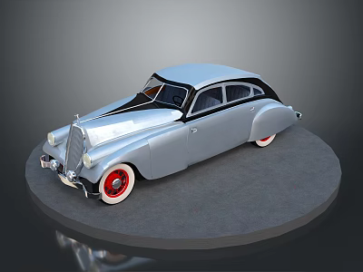 Classic Silver Vintage Car With Red Wheel Rims On Circular Platform 3d model