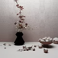 Decorative Ornament Arrangement With Brown Vase Flowers Green Bowl Apples Scattered Ornaments On Wooden Floor
