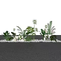 Lush Green Plants And Colorful Flowers By Water Surface With Pebbles And White Lantern