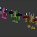 Vintage Style Candle Lamps With Colorful Umbrella Shades And Golden Metal Stands