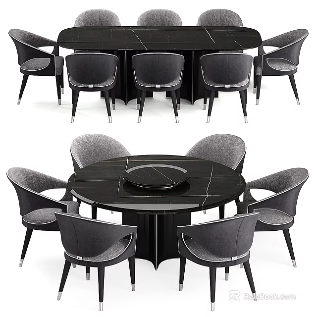 Modern Round Dining Table Set With Black Marble Top Central Lazy Susan And Six Gray Chairs 3d model 
