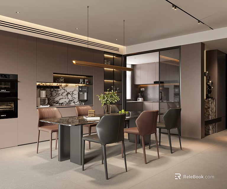 Modern Restaurant Open Concept Kitchen Interior With Island Counter And Appliances 3d model