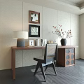 Minimalist Modern Wooden Desk With Table Lamp Photo Frames Books And Vase With Dried Flowers