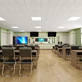School Classroom With Neat Rows Of Desks Green White Chairs Wooden Flooring And Ceiling Lights