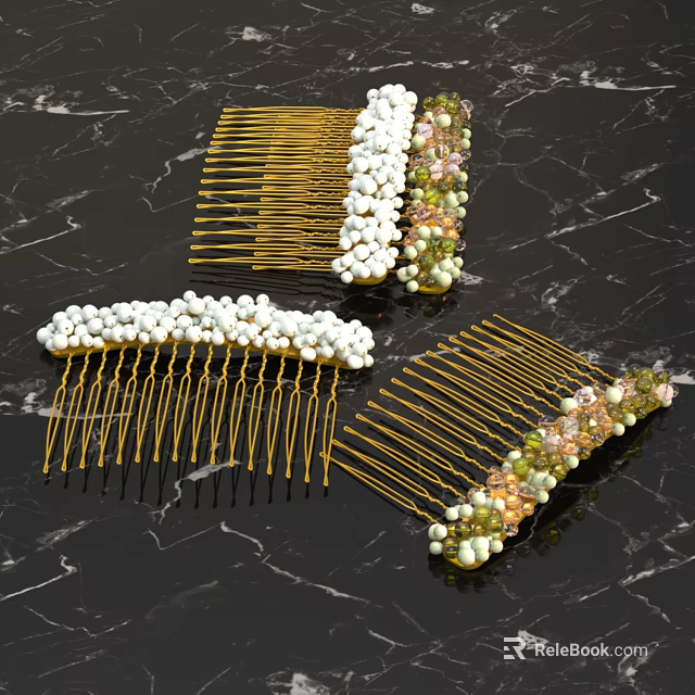 Elegant Hair Combs With Golden Teeth Pearl And Colored Gemstone Decor On Marble Background 3d model 