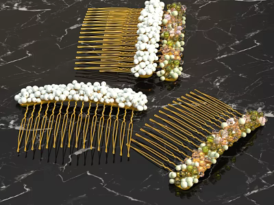 Elegant Hair Combs With Golden Teeth Pearl And Colored Gemstone Decor On Marble Background 3d model