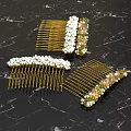 Elegant Hair Combs With Golden Teeth Pearl And Colored Gemstone Decor On Marble Background