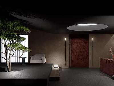 Modern Hotel Lobby Interior With Green Plant White Armchair Red Door And Round Ceiling Light 3d model