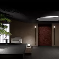 Modern Hotel Lobby Interior With Green Plant White Armchair Red Door And Round Ceiling Light