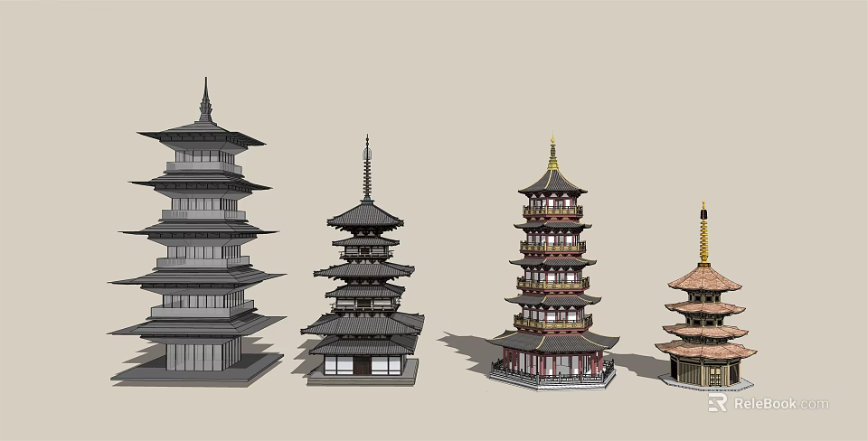 Ancient Traditional Asian Pagodas Featuring Different Architectural Designs And Multi tiered Roof Structures 3d model 
