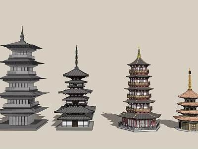 Ancient Traditional Asian Pagodas Featuring Different Architectural Designs And Multi tiered Roof Structures 3d model