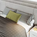 Modern Double Bed With Upholstered Headboard Gray Green Pillows And Colorful Balls On Rug