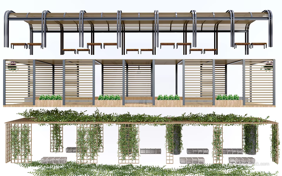 Modern Pergola With Wooden Slats Metal Supports Green Vines And Seating Benches 3d model 