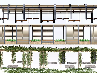 Modern Pergola With Wooden Slats Metal Supports Green Vines And Seating Benches 3d model