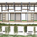Modern Pergola With Wooden Slats Metal Supports Green Vines And Seating Benches