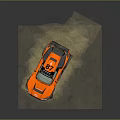 Orange Off Road Race Car Driving On Sand Kicking Up Dust With Large Tires