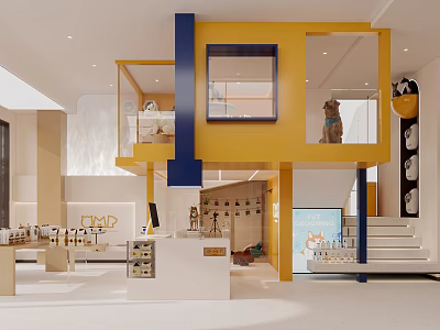 Spacious Two Story Pet Shop Interior With Yellow Blue Structure Pets Counter And Staircase 3d model
