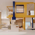Spacious Two Story Pet Shop Interior With Yellow Blue Structure Pets Counter And Staircase