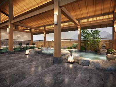 Japanese Style SPA Sauna Interior Design With Hot Spring Pool Wooden Ceiling And Green Plants 3d model