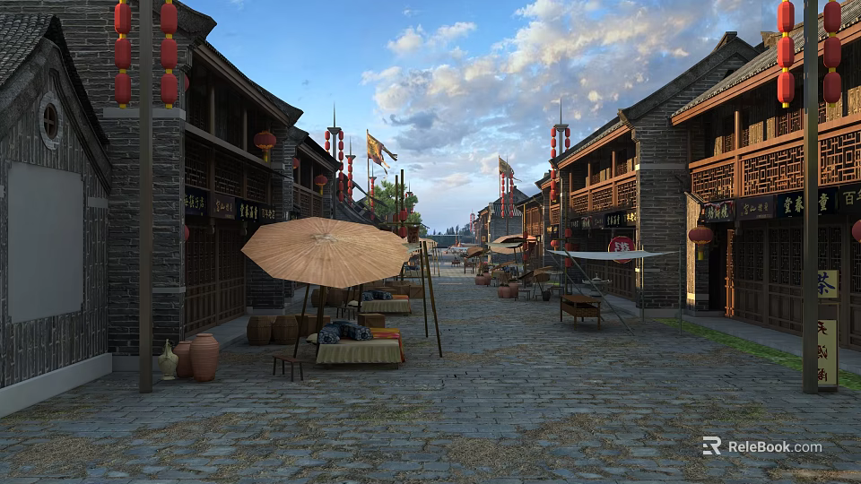 Traditional Commercial Street With Ancient Architecture Red Lanterns Umbrellas And Stone Paved Road 3d model 