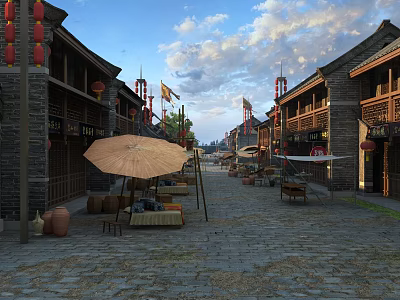 Traditional Commercial Street With Ancient Architecture Red Lanterns Umbrellas And Stone Paved Road 3d model