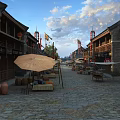 Traditional Commercial Street With Ancient Architecture Red Lanterns Umbrellas And Stone Paved Road