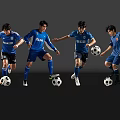 Four men in blue jerseys playing football together each with a soccer ball